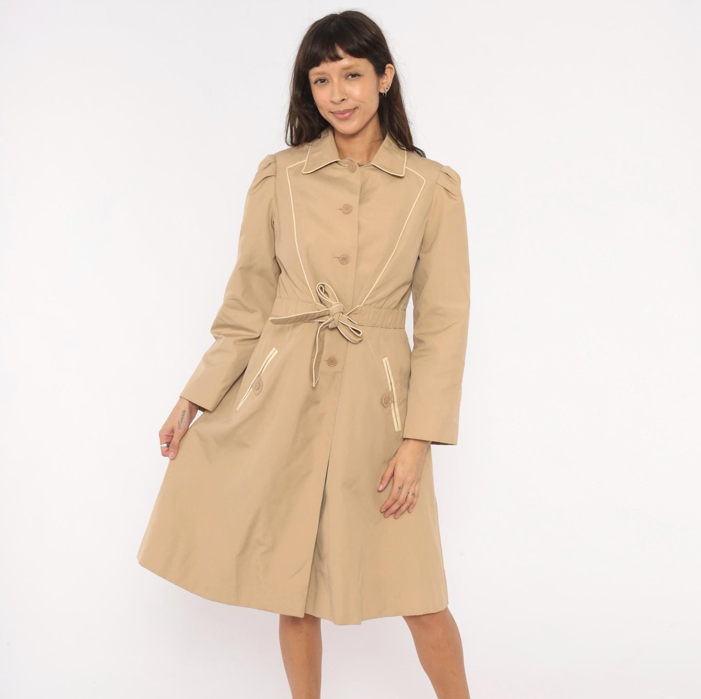 80s Windy Weather Tan Trench Coat Puff Sleeve Knee-Length Medium M