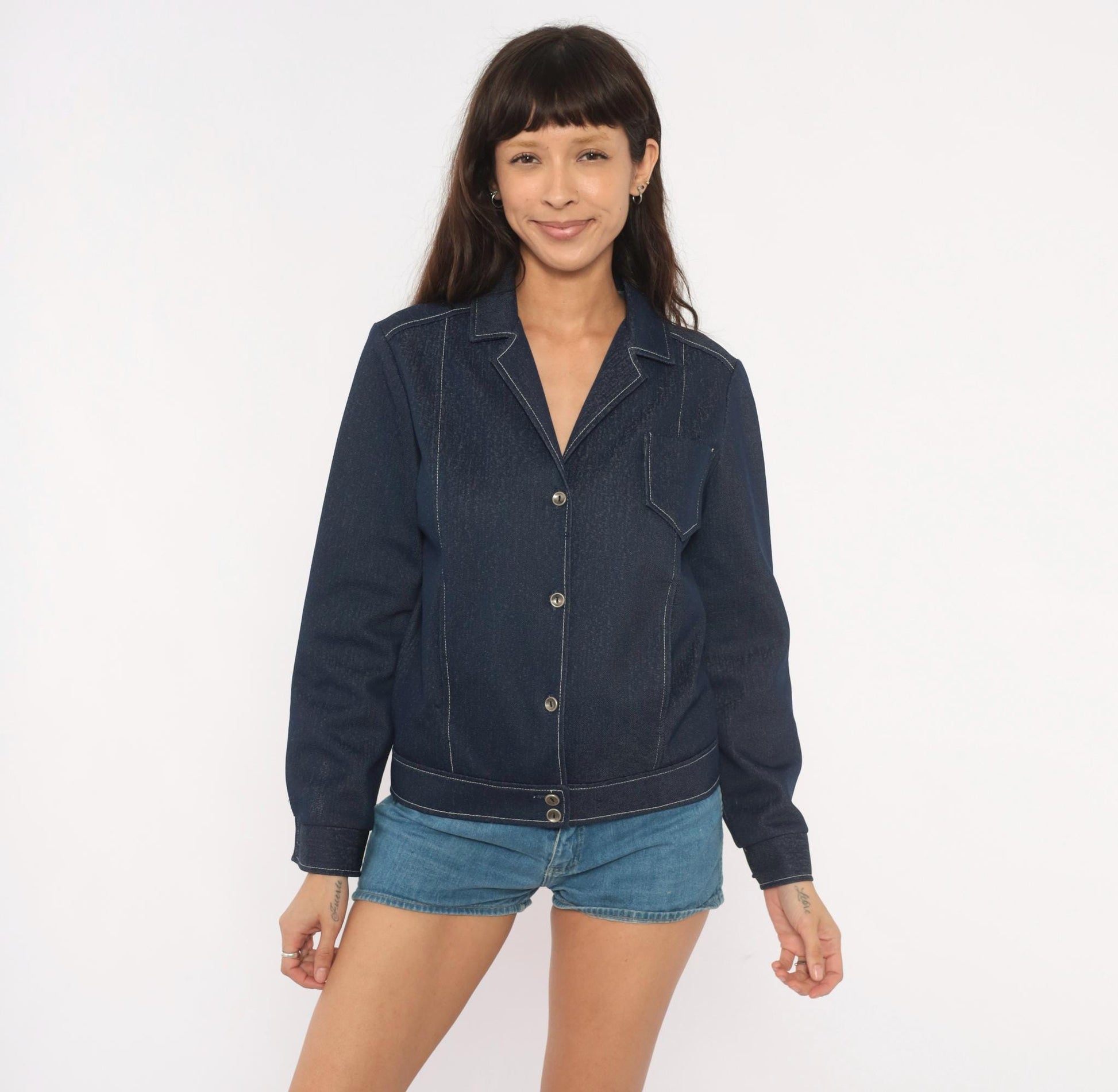 70s KokoKnits Denim Jacket Navy Snap Button Blazer Medium