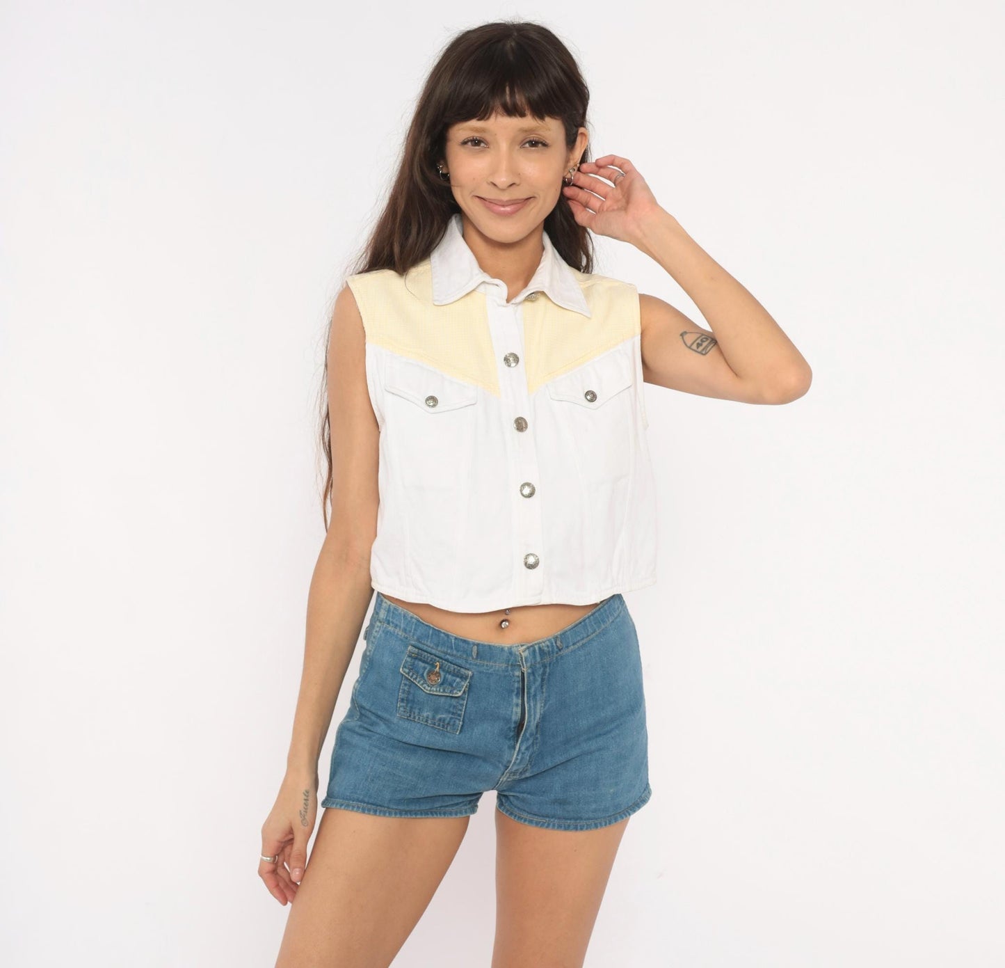 90s Ozark Western Crop Vest White Yellow Gingham Cotton Concho Medium M