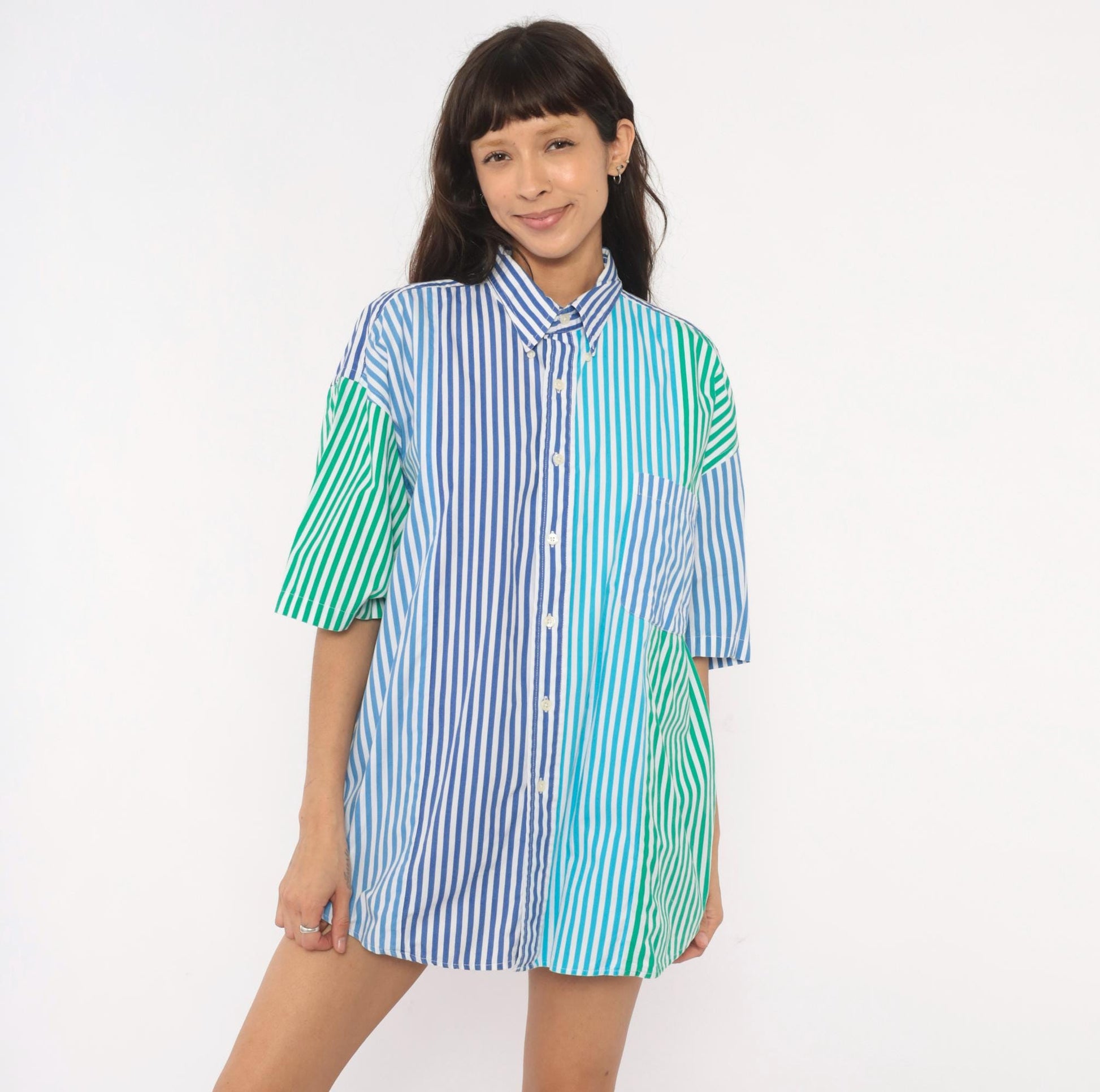 90s Van Heusen Multi-Stripe Patchwork Cotton Button-Up Shirt Large L