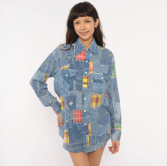 70s Permanent Press Patchwork Denim Print Shirt Madras Plaid Blue Yellow Medium