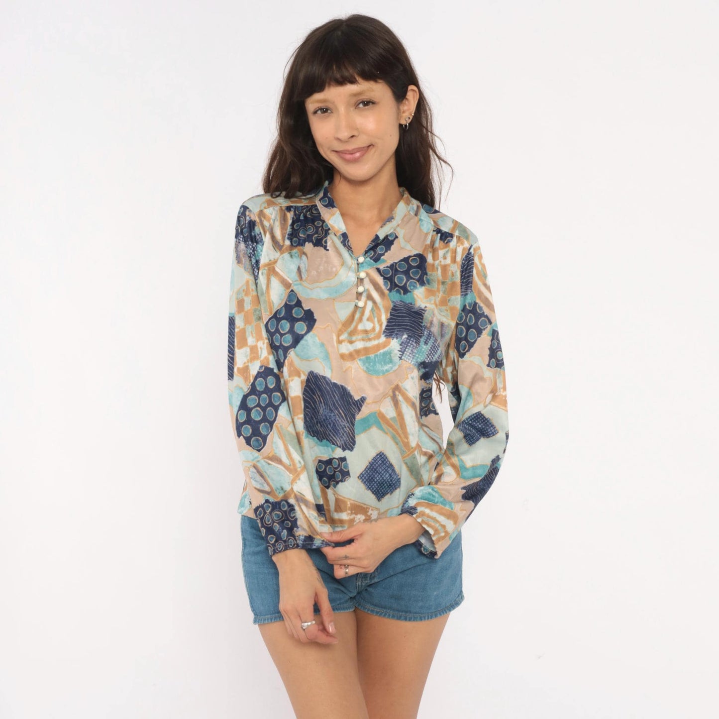 70s Village Fair Abstract Patchwork Blouse Geometric Print Teal Medium