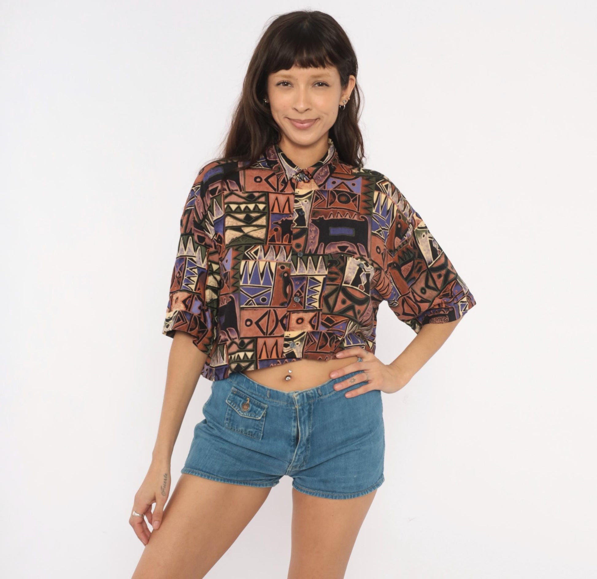 90s Chiamare Abstract Crop Top Shirt Button Front Collared Blouse Brown Purple Geometric Large L