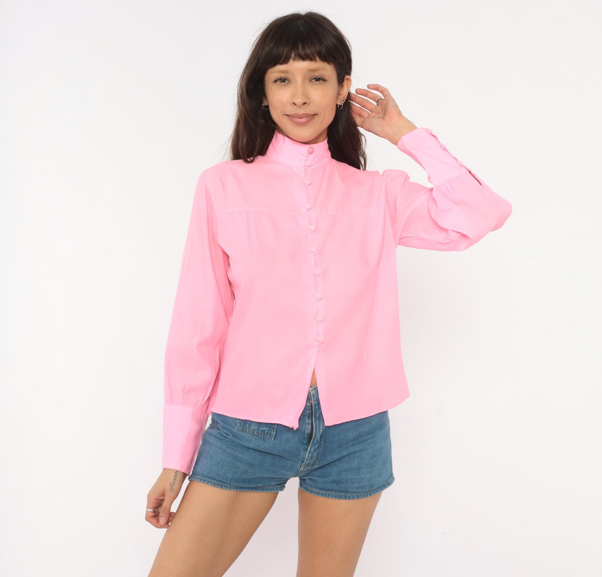 70s Alice Stuart Bubblegum Pink Disco Blouse Mandarin Collar Long Sleeve Small