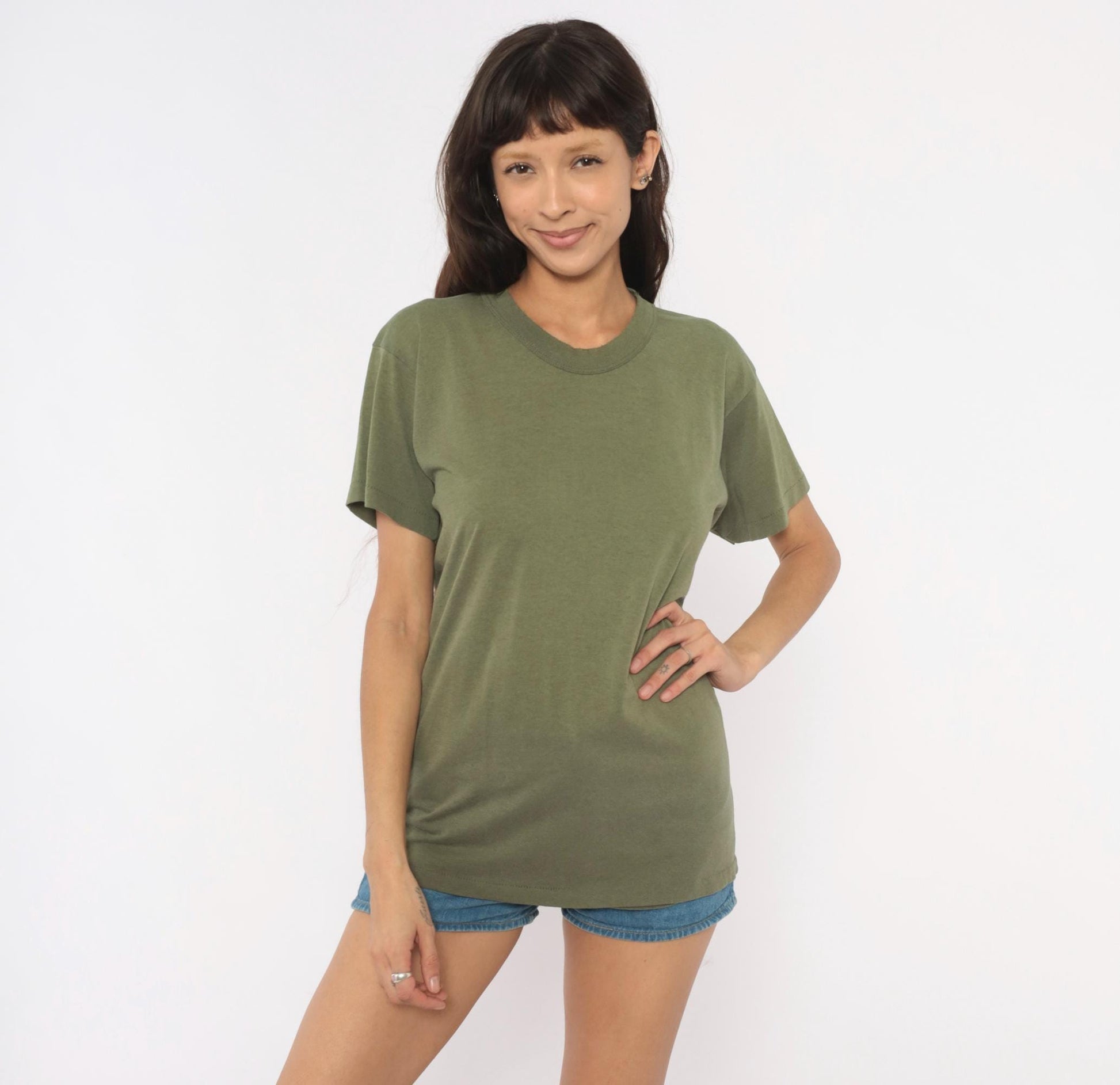 80s Olive Green Cotton Crew Neck Tee Blank Plain Unisex Medium