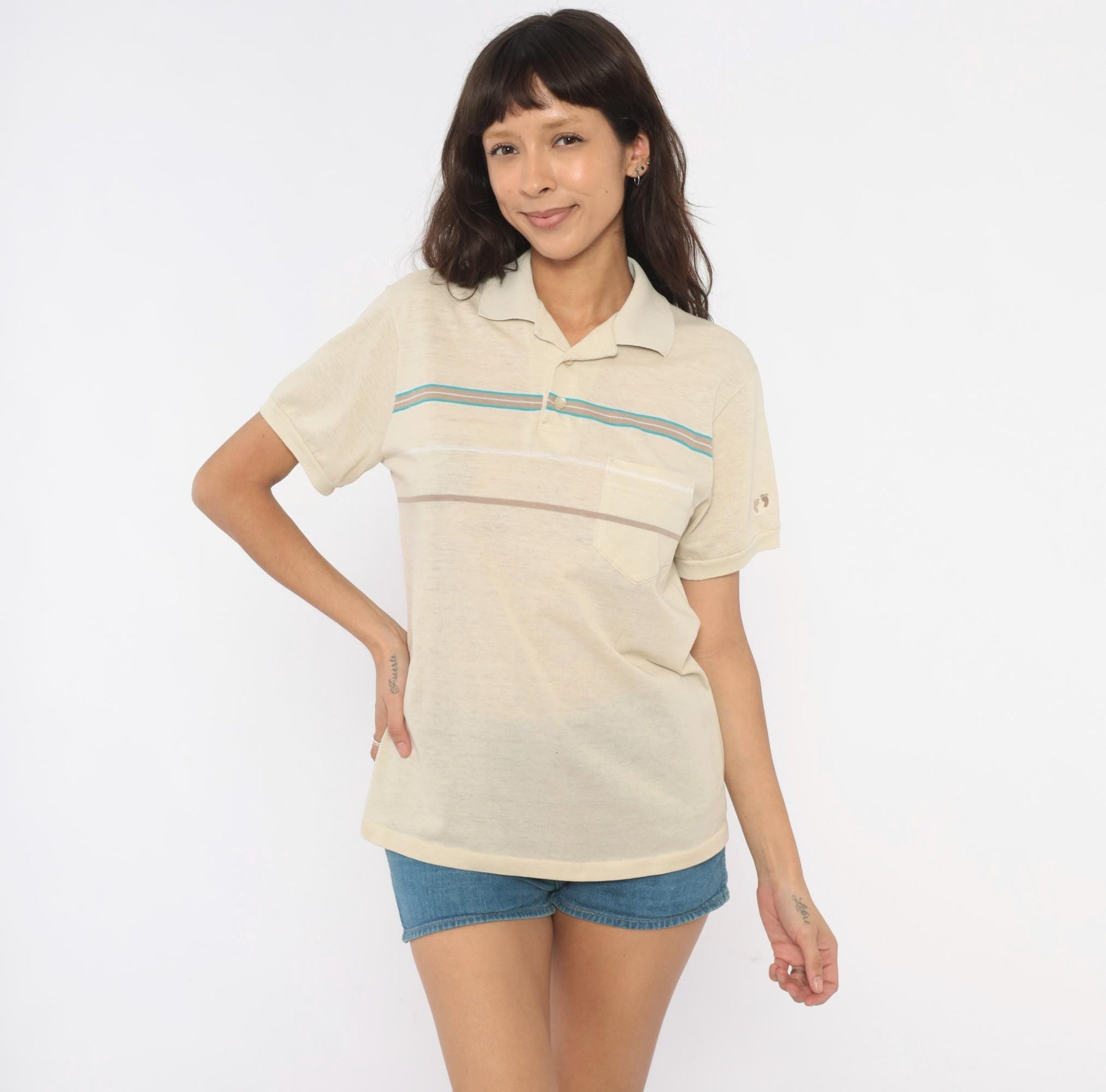 80s Hang Ten Polo Shirt Cream Teal Taupe Stripe Cotton Medium M