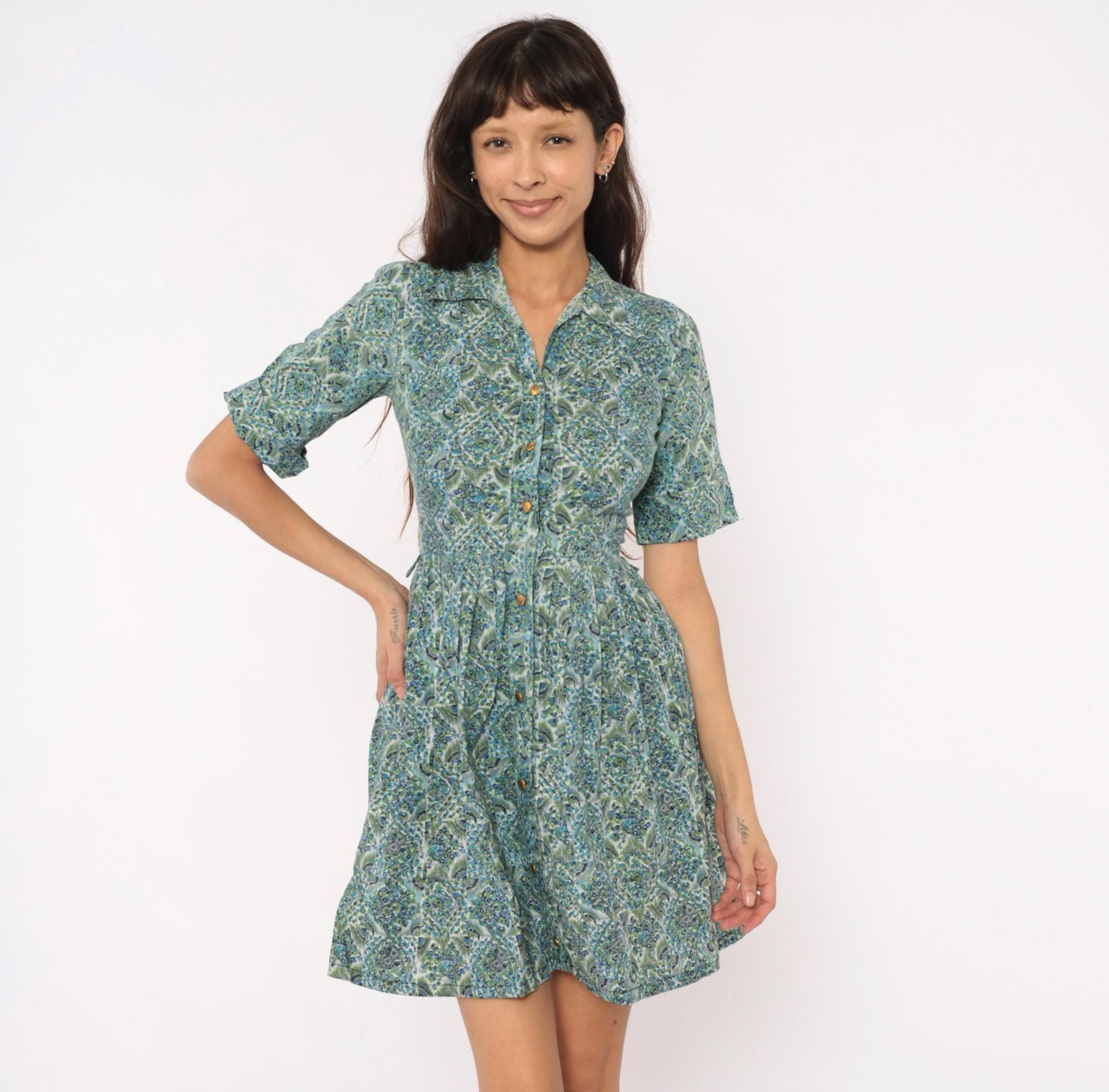 60s Penneys Brentwood Paisley Floral Shirtdress Blue Green Cotton Knee XS