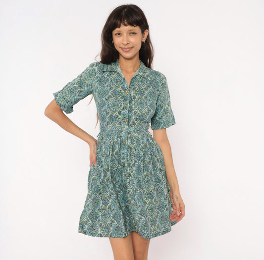 60s Penneys Brentwood Paisley Floral Shirtdress Blue Green Cotton Knee XS