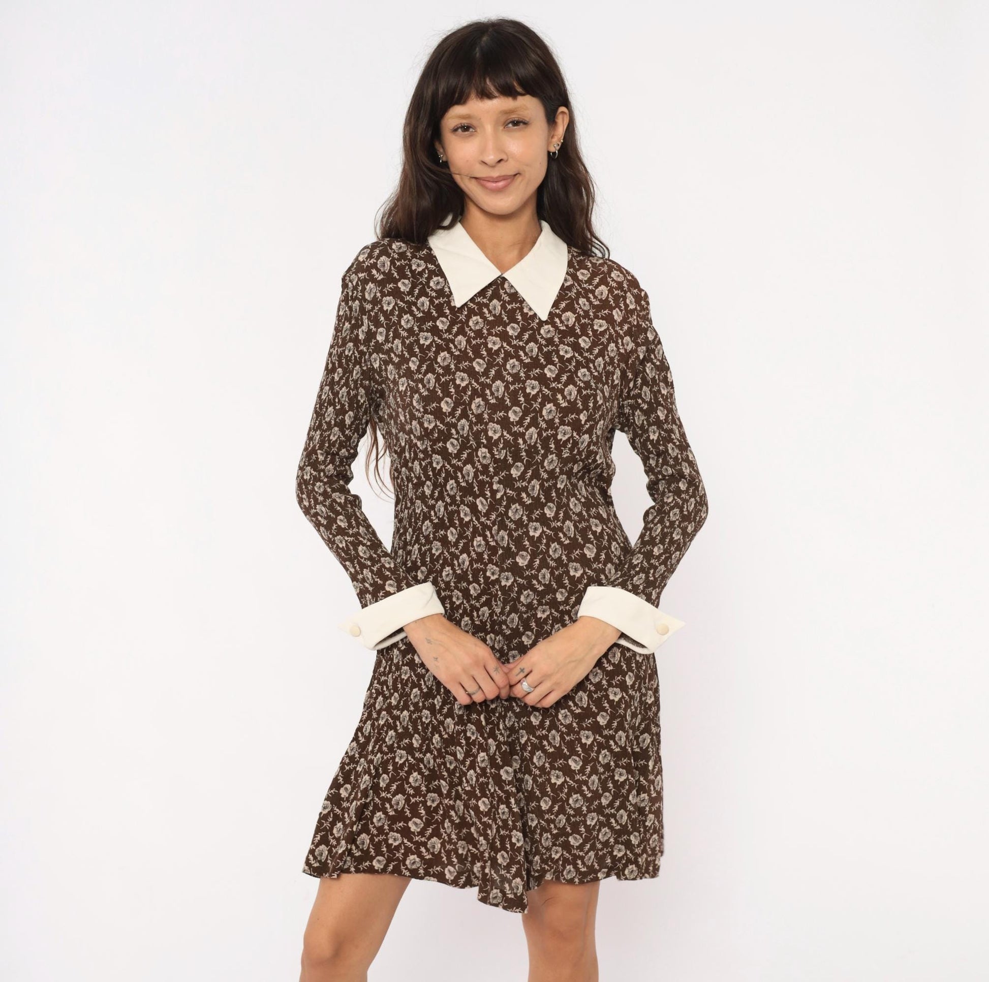90s Karin Stevens Floral Dress Brown Cream Pointed Collar Knee-Length Large L