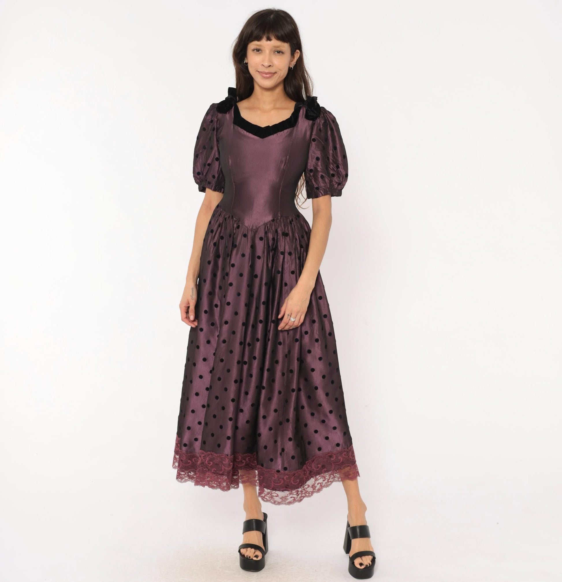 90s Plum Polka Dot Velvet Trim Puff Sleeve Gown V Neck Small