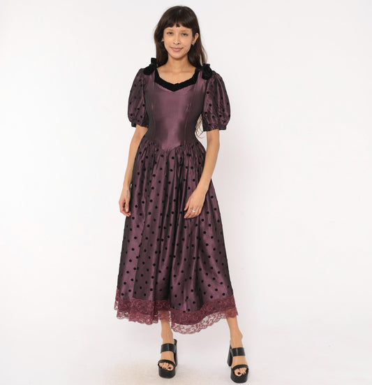 90s Plum Polka Dot Velvet Trim Puff Sleeve Gown V Neck Small