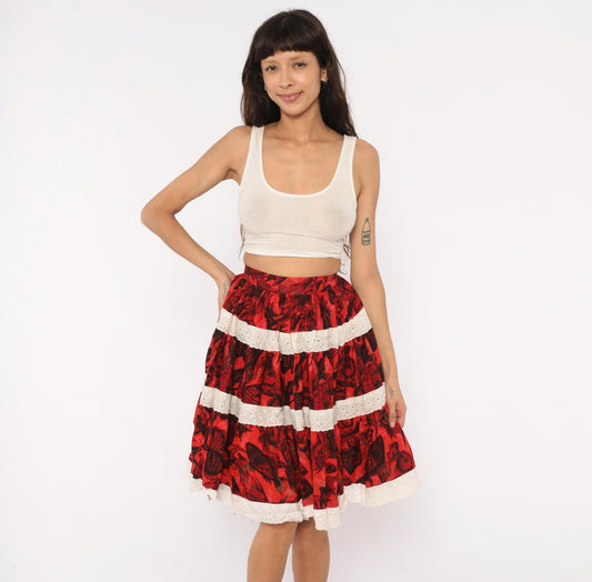 60s Fish Print Circle Skirt Red Black Eyelet Lace Cotton Extra Small