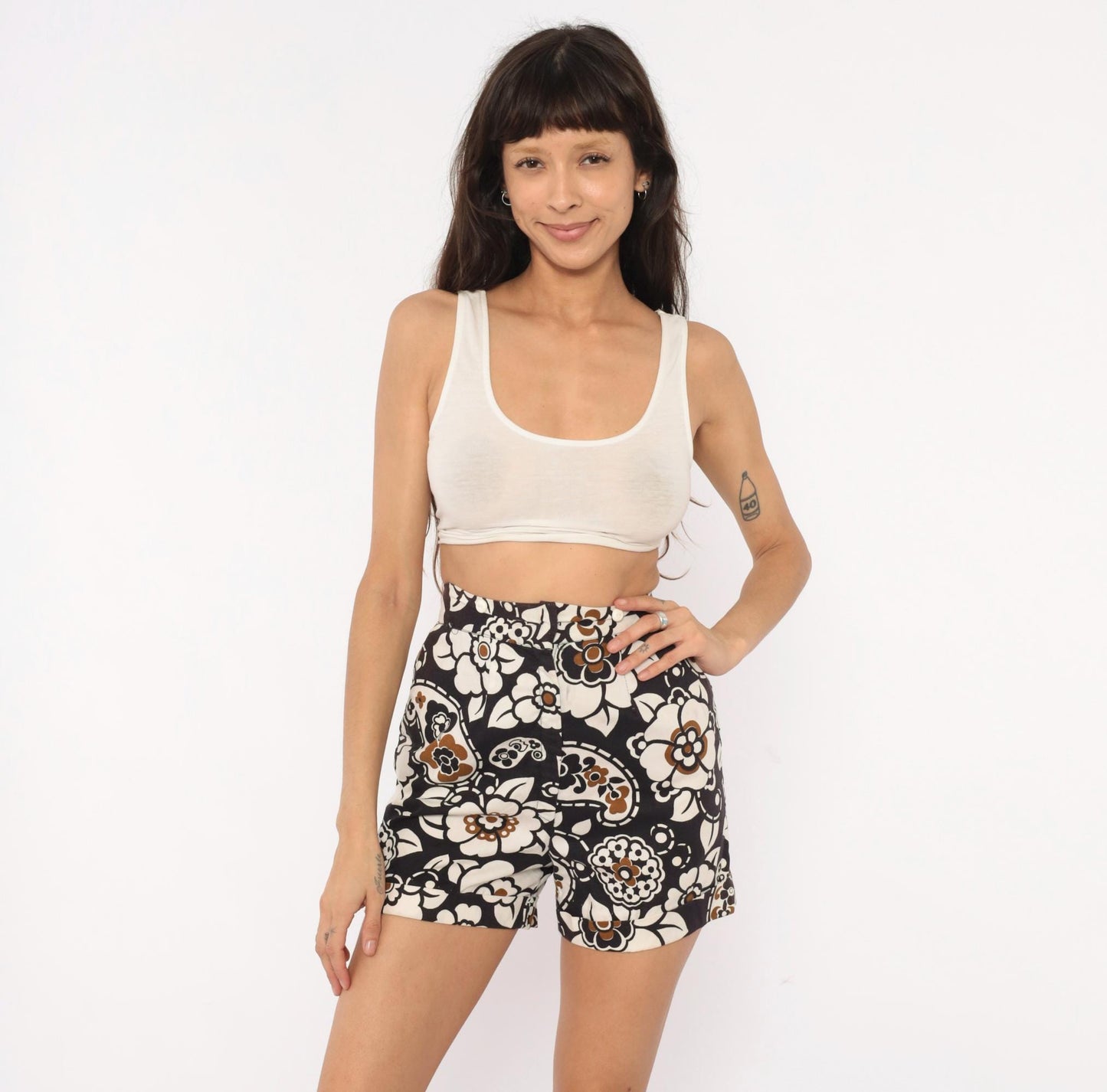 60s Floral Paisley High-Waisted Shorts Cotton Black Cream Brown Mod Extra Small XS