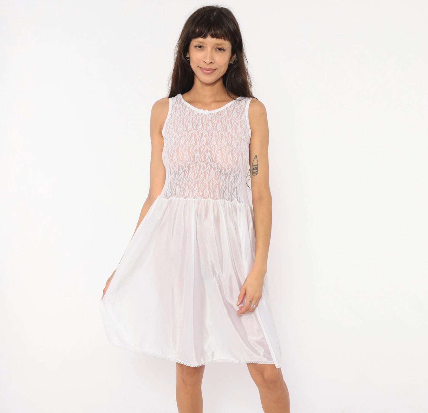 80s Copper Key White Lace Babydoll Slip Dress Satin Bow Nightgown Small