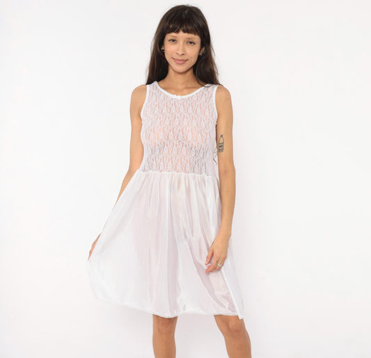 80s Copper Key White Lace Babydoll Slip Dress Satin Bow Nightgown Small