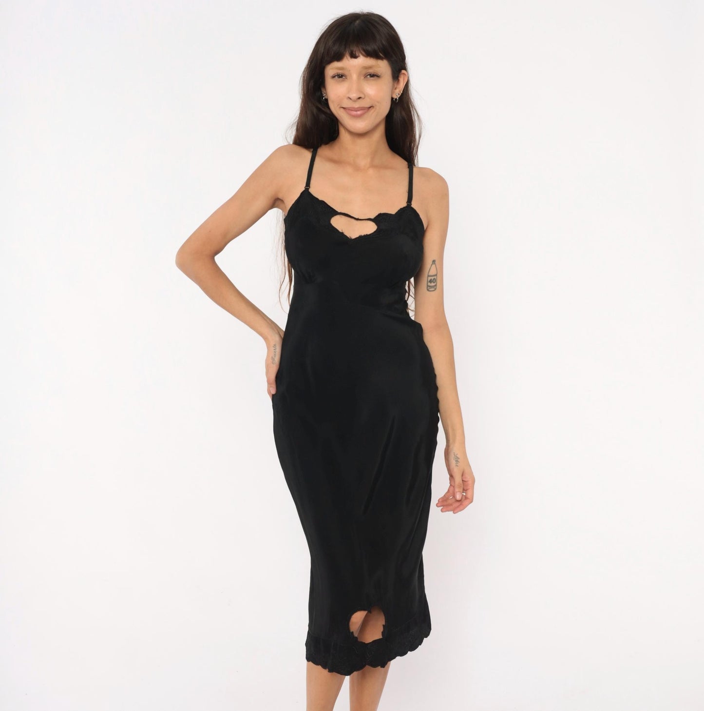 70s Black Silk Slip Dress Heart Cutout Lace Trim Spaghetti Strap Extra Small