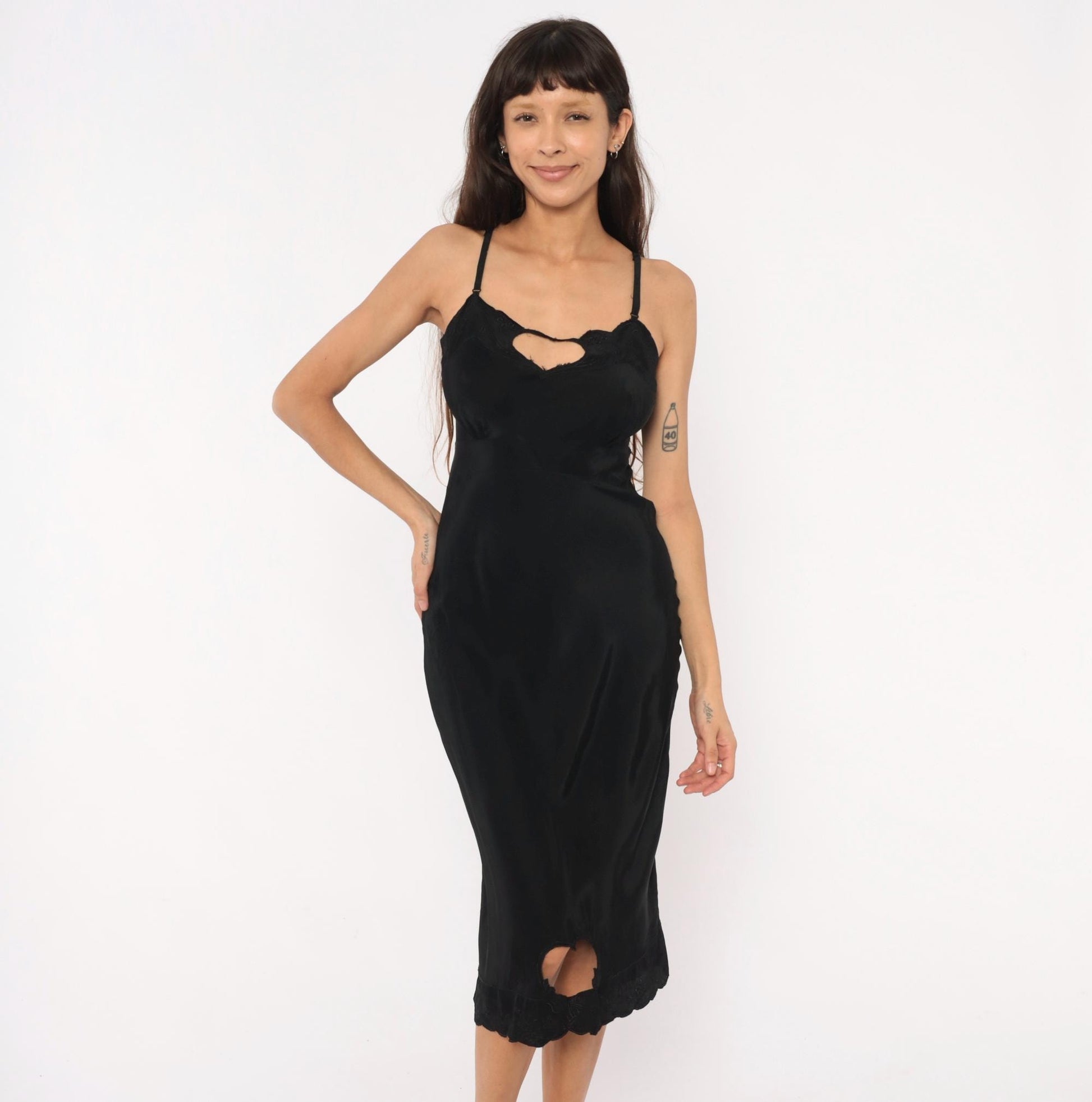 70s Black Silk Slip Dress Heart Cutout Lace Trim Spaghetti Strap Extra Small