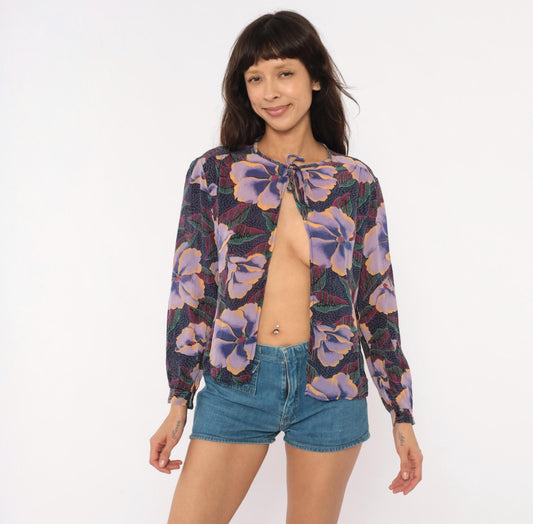 80s In Gear Ltd Tropical Hibiscus Tie-Neck Blouse Purple Lavender Teal Medium