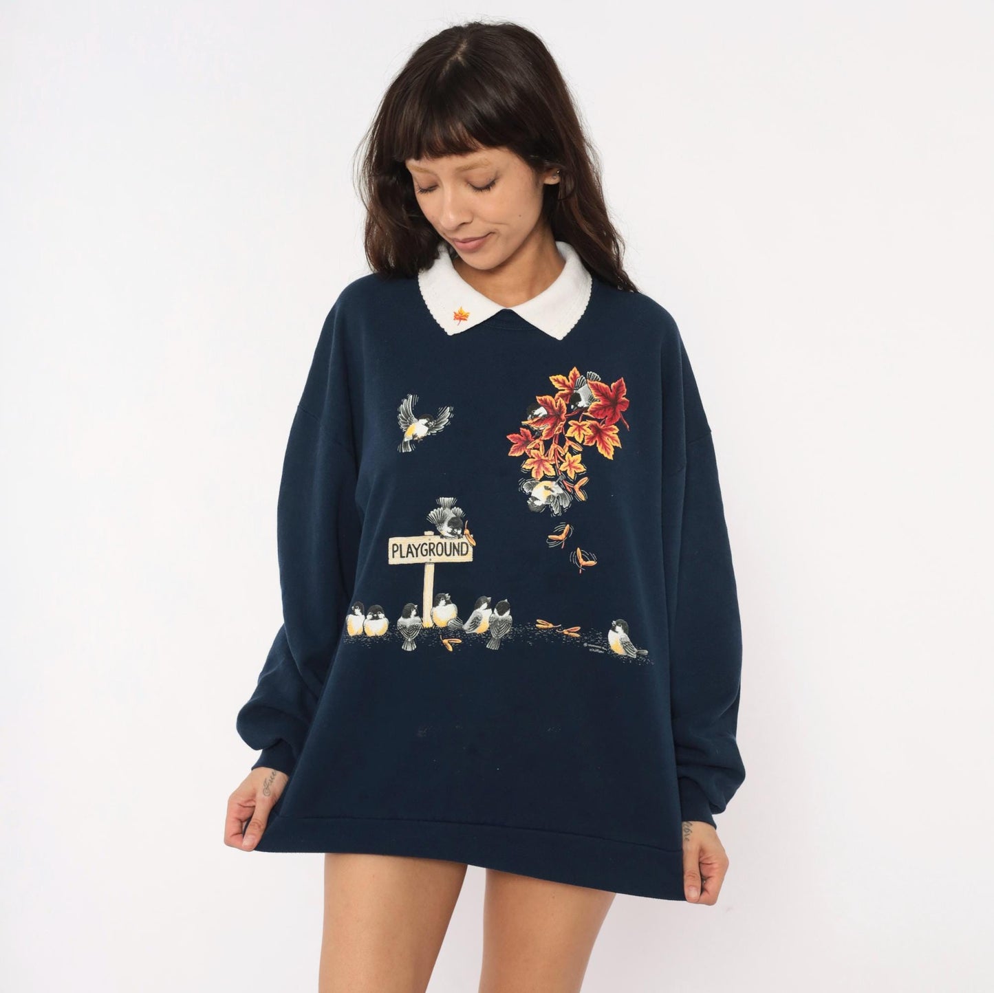 90s Morning Sun Chickadee Sweatshirt Navy Blue Autumn Leaves Collared Graphic Extra Large