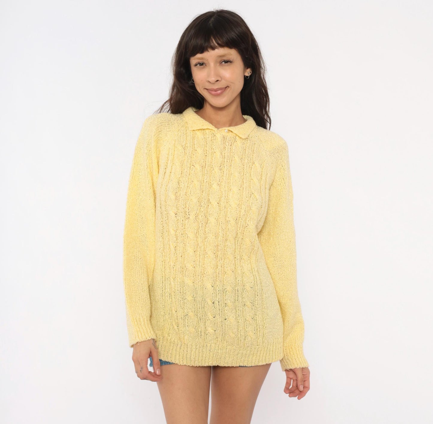 80s Miranda Cable Knit Polo Sweater Yellow Collared Pearl Button Large L