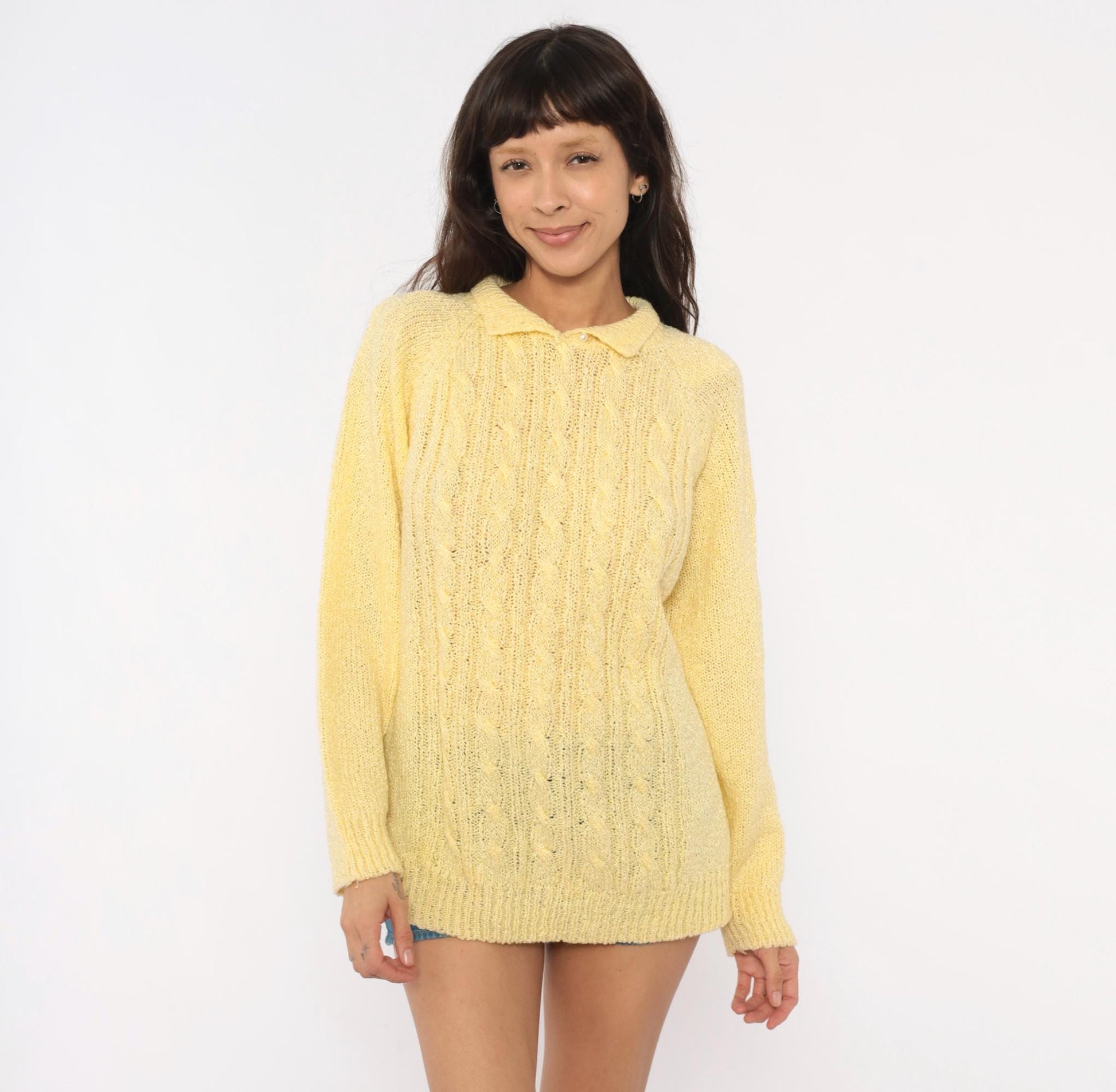 80s Miranda Cable Knit Polo Sweater Yellow Collared Pearl Button Large L