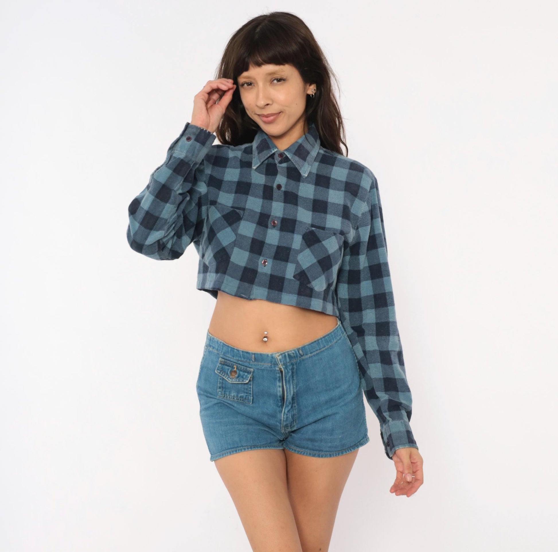 90s Dickies Buffalo Plaid Flannel Shirt Cropped Blue Navy Cotton Small
