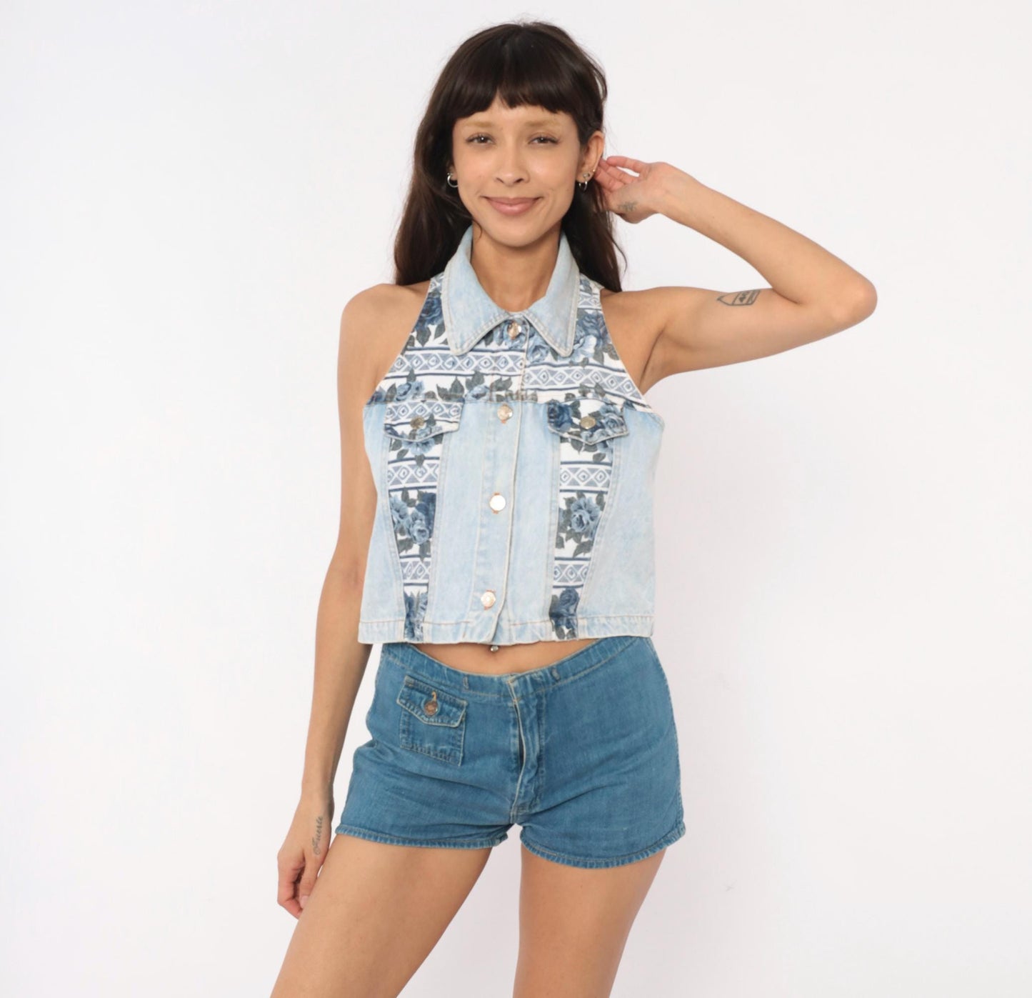 90s Sharnel Denim Vest Cropped Floral Lace-Up Back Light Wash Small