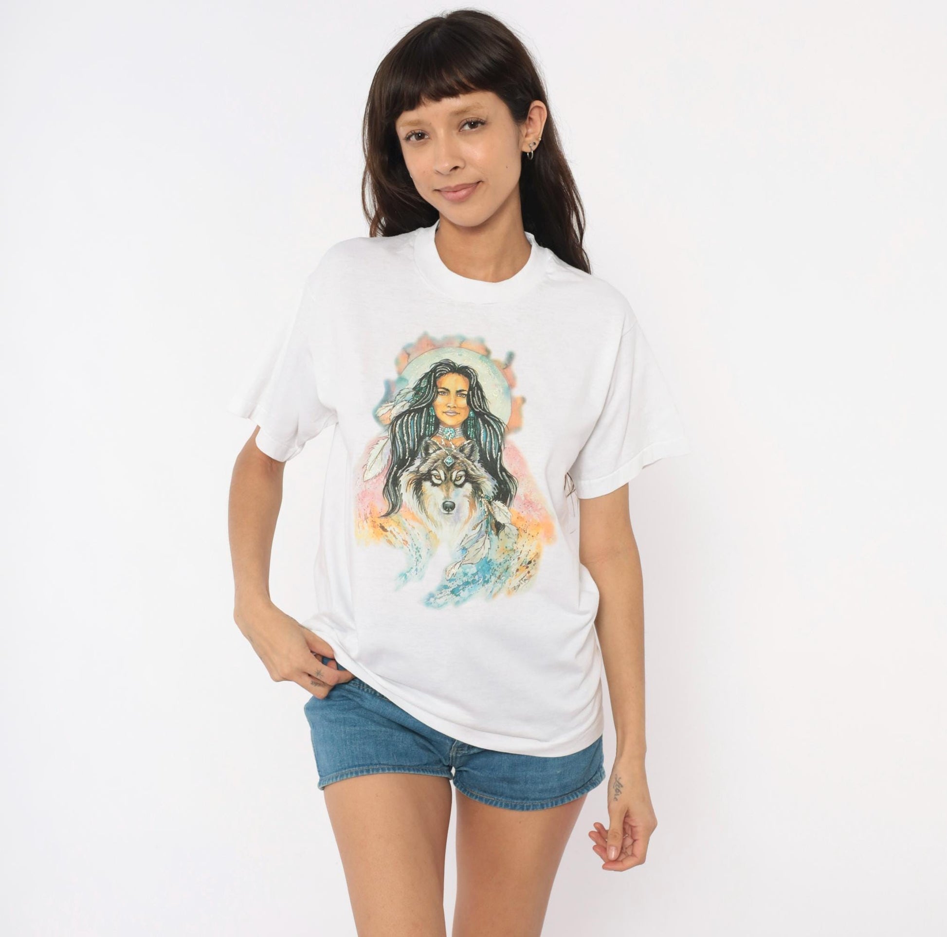 90s Wolf Moon Feather Graphic Tee Fruit Of The Loom White Medium