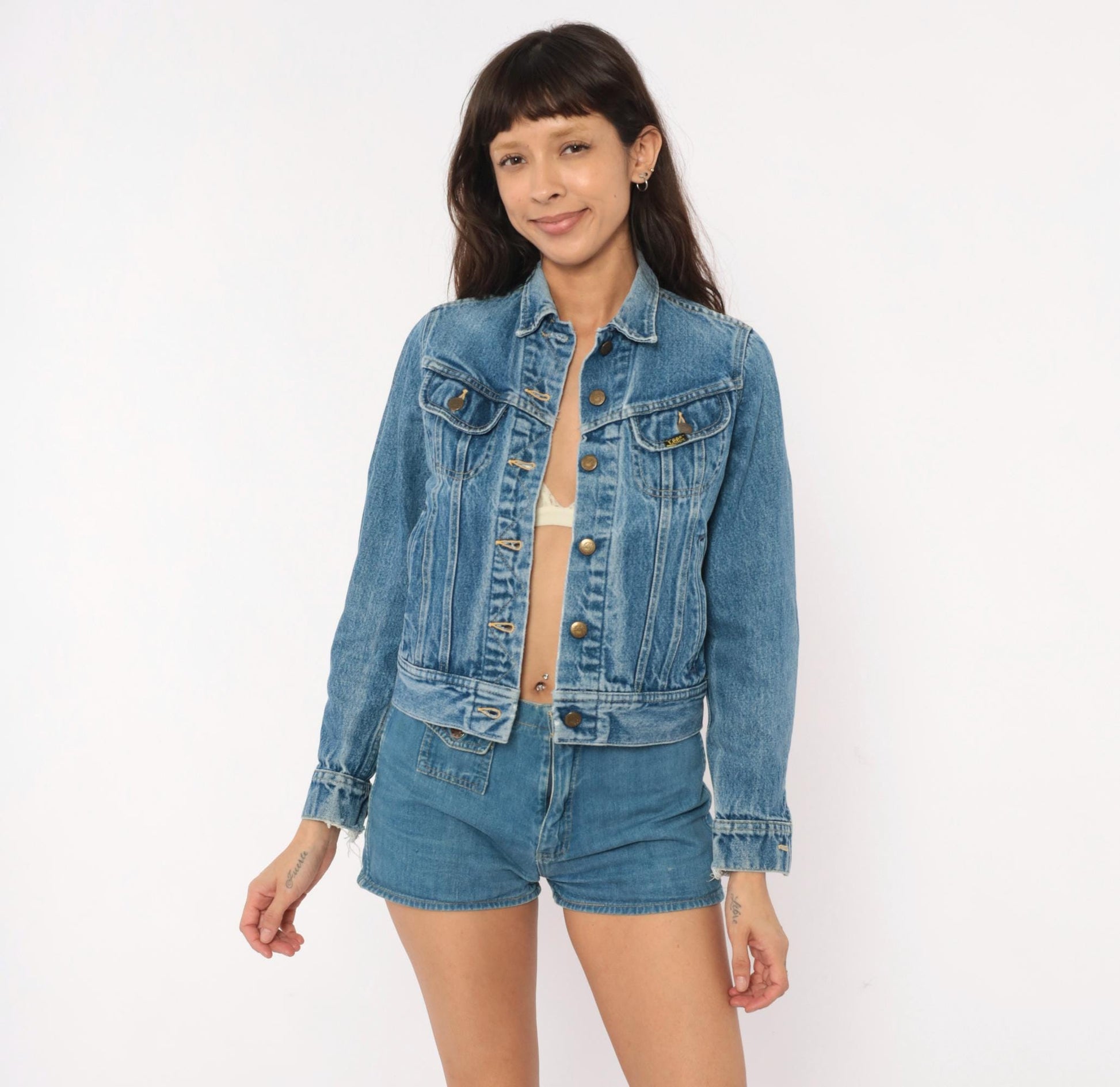 80s Ms Lee Denim Jacket Blue Cropped Trucker Pointed Collar Extra Small XS