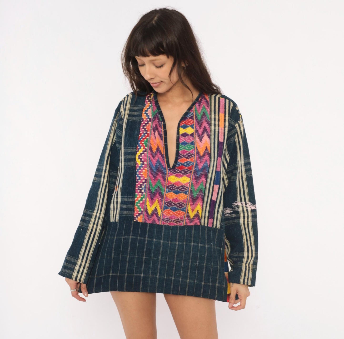 90s Guatemalan Huipil Handwoven Cotton Tunic Indigo Embroidered Medium M