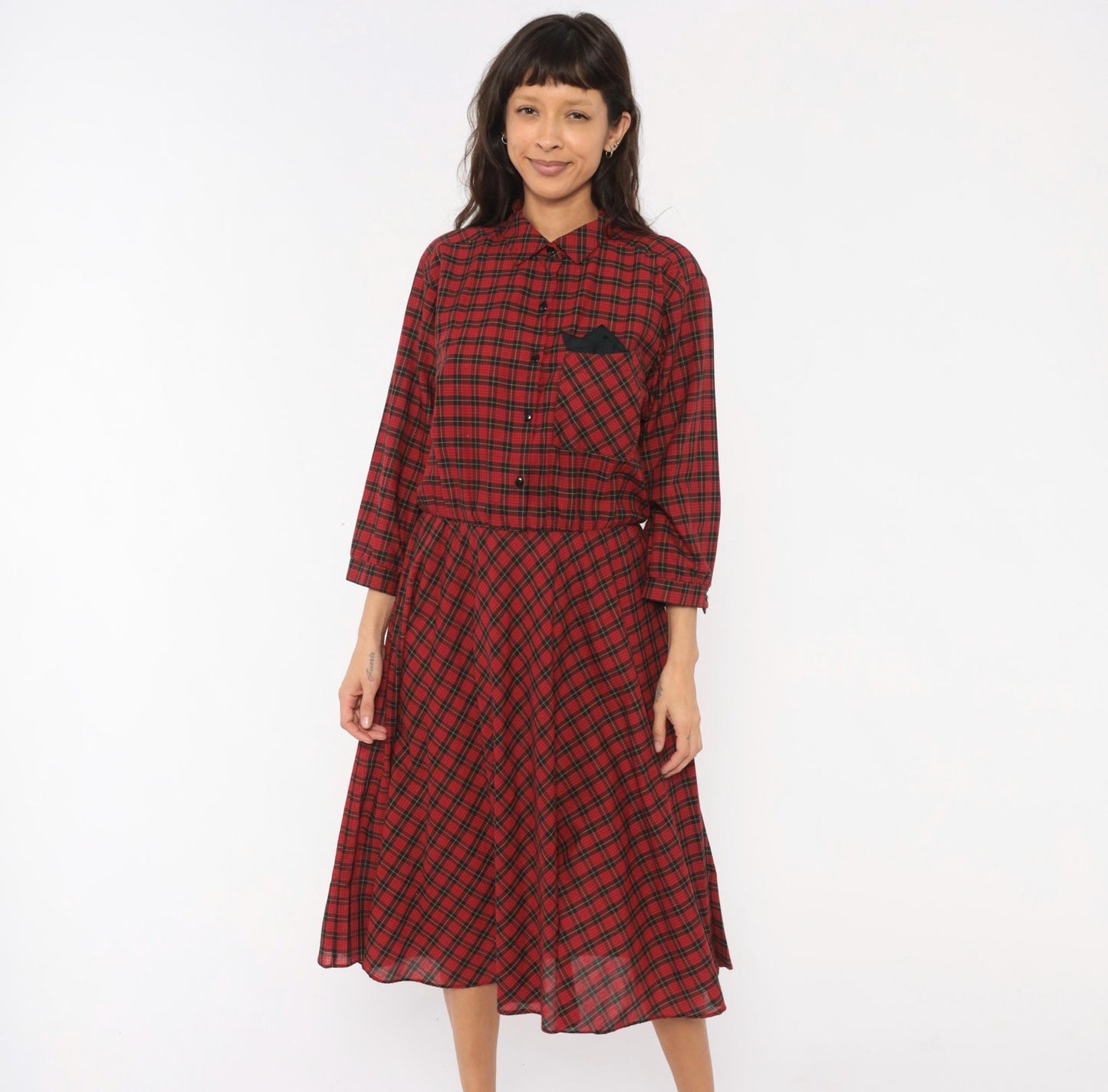 80s Alison Peters Plaid Shirtdress Red Black Tartan Midi Pleated Cotton Medium Large