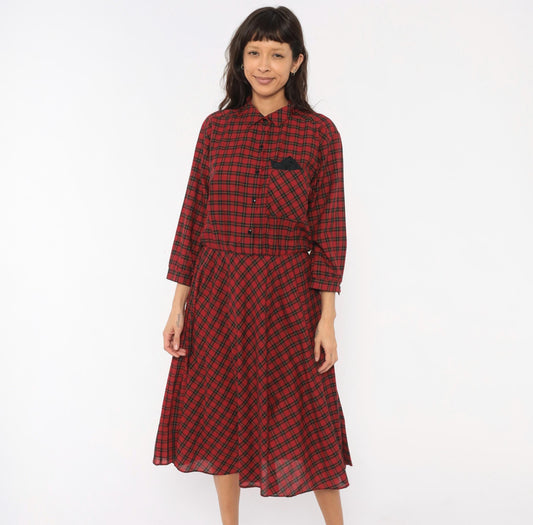 80s Alison Peters Plaid Shirtdress Red Black Tartan Midi Pleated Cotton Medium Large