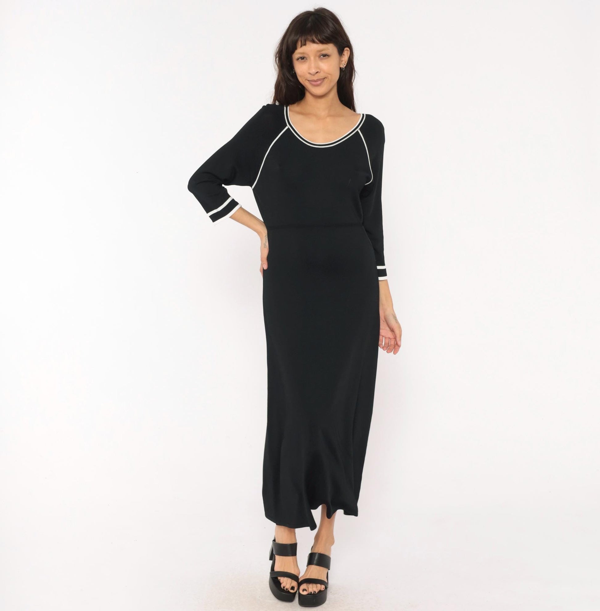 90s Norm Thompson Black Knit Maxi Dress Scoop Neck White Piping Small