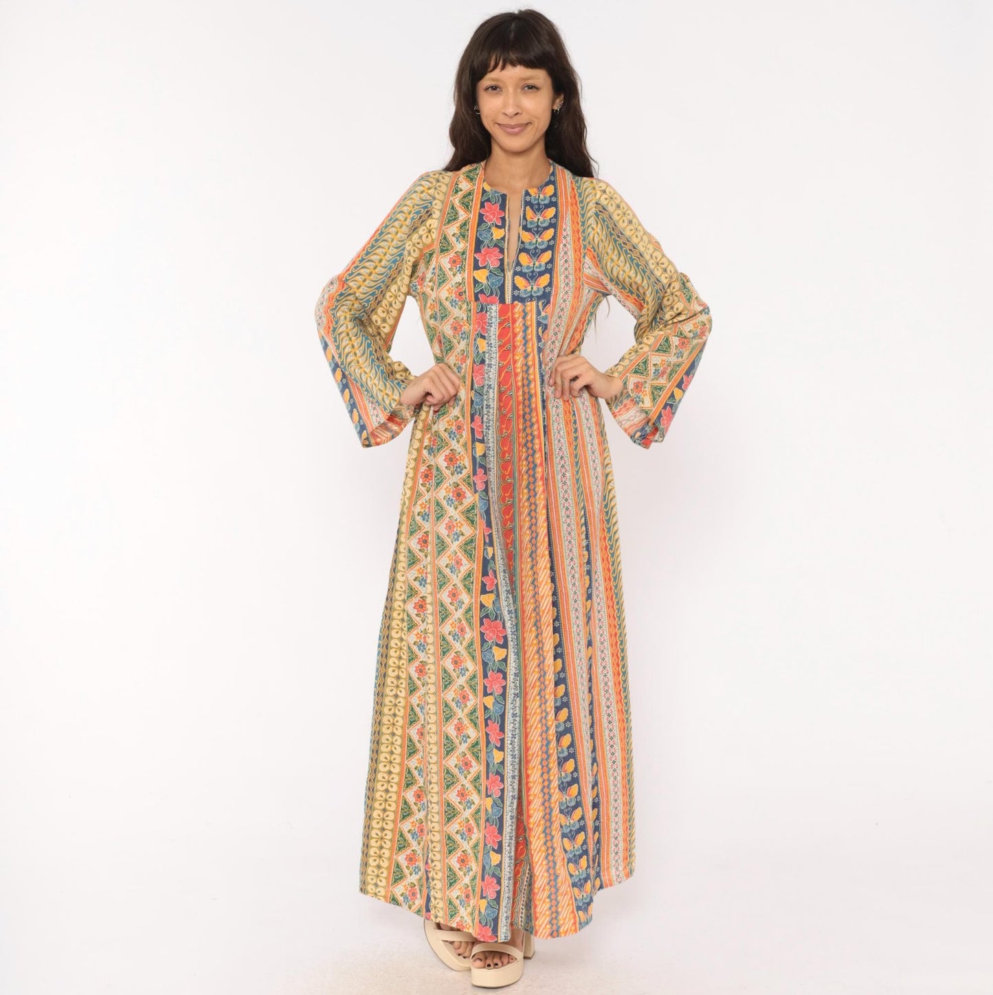 70s Frances Decourcy Batik Caftan Cotton Maxi Dress Floral Butterfly Print Multicolor Medium