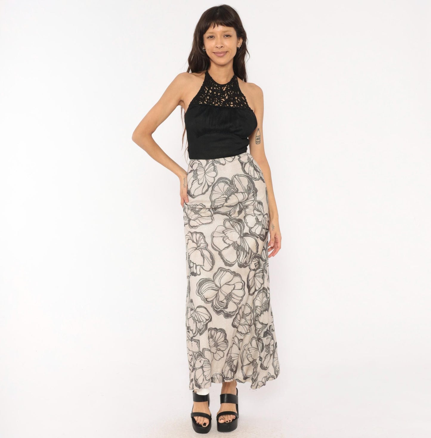 70s Mikey Jrs Crochet Halter Maxi Dress Black Grey Floral Metallic Open Back Extra Small XS