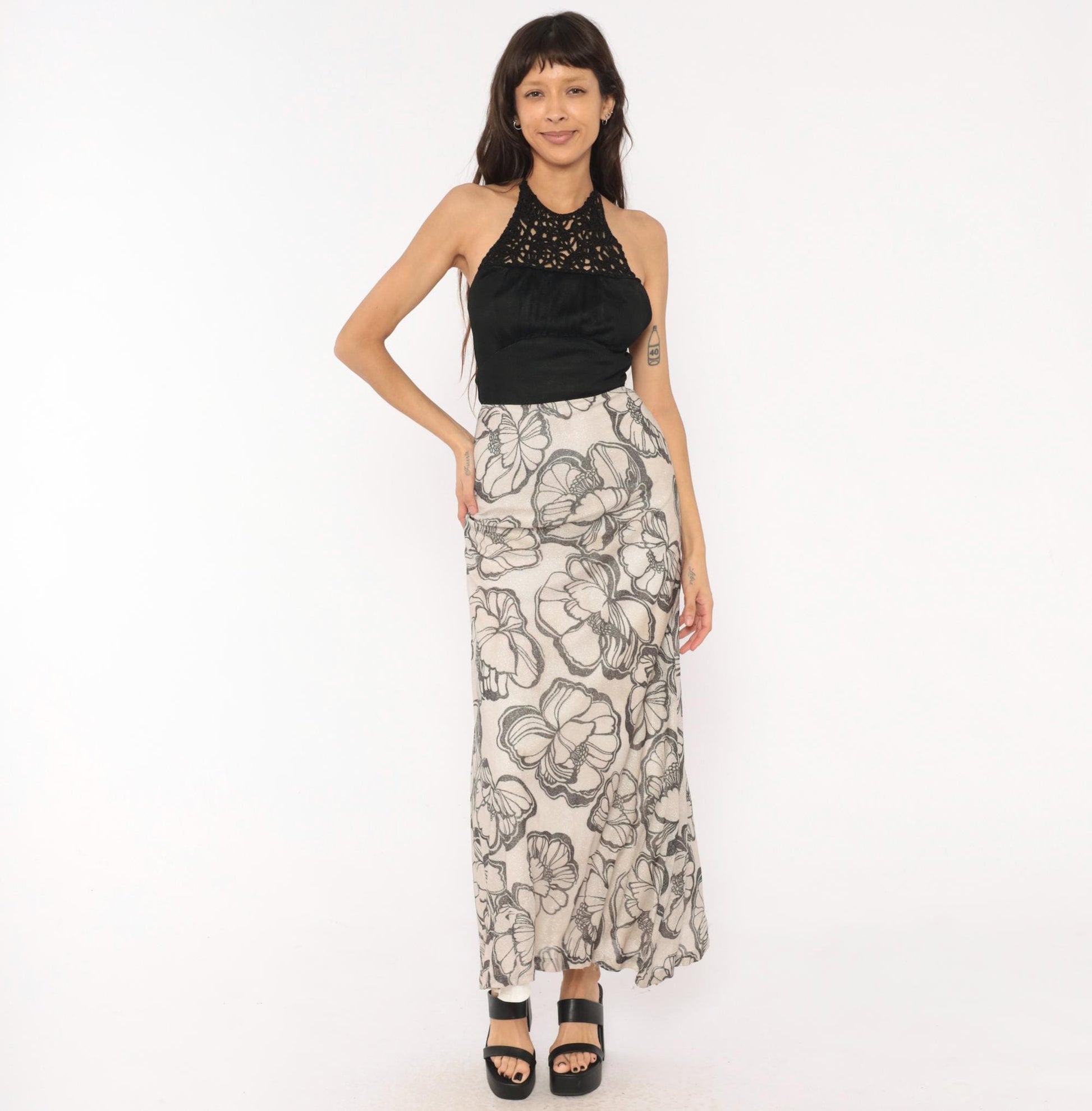 70s Mikey Jrs Crochet Halter Maxi Dress Black Grey Floral Metallic Open Back Extra Small XS