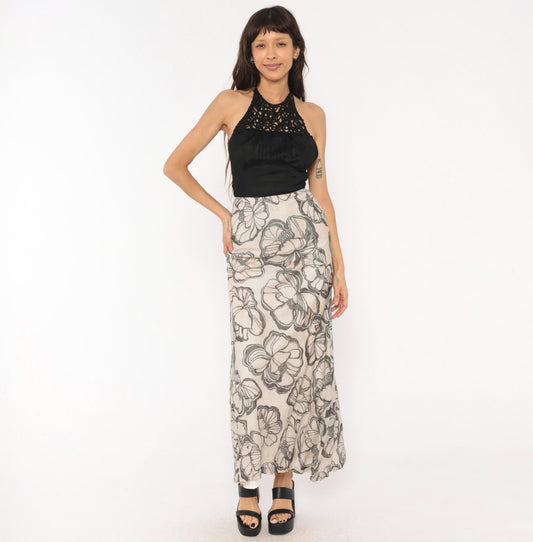 70s Mikey Jrs Crochet Halter Maxi Dress Black Grey Floral Metallic Open Back Extra Small XS