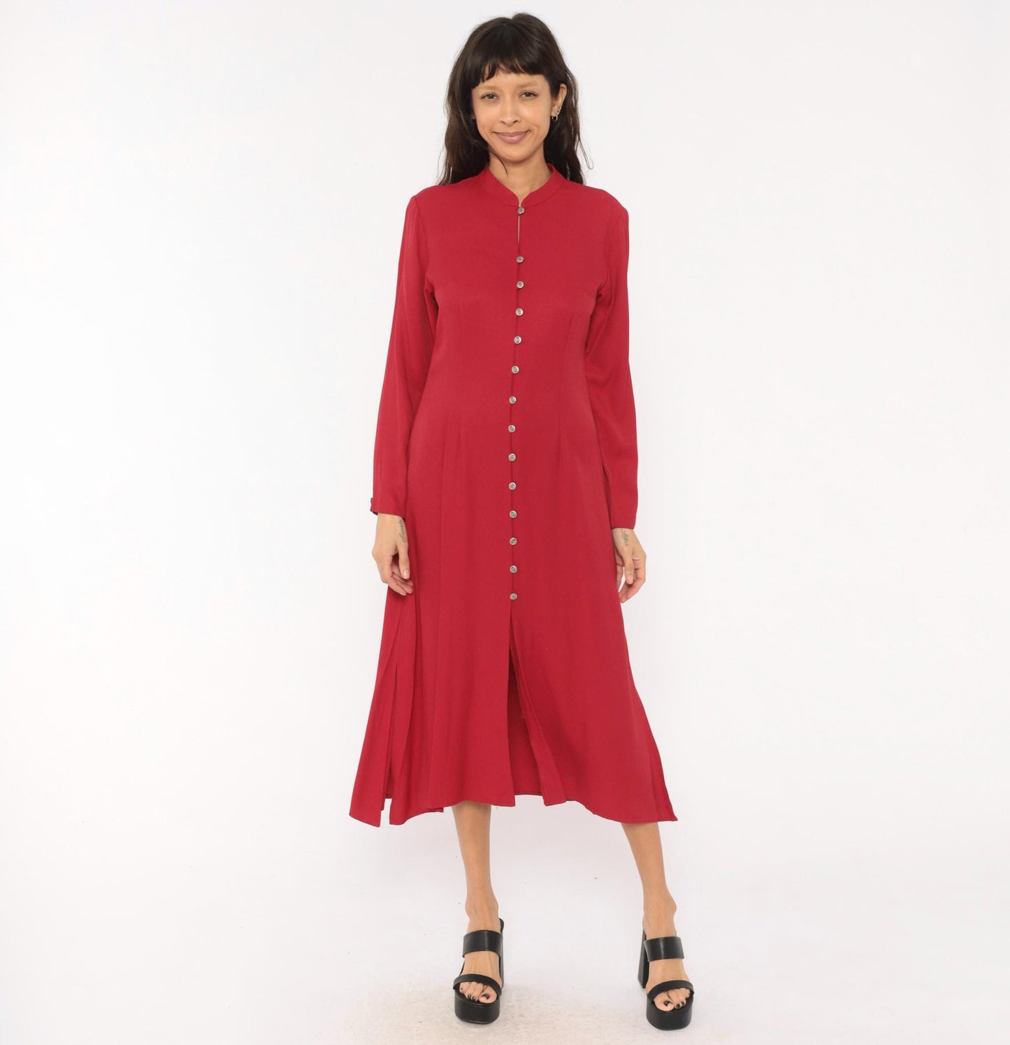 90s Coldwater Creek Cranberry Midi Dress Mandarin Collar Button Front Medium