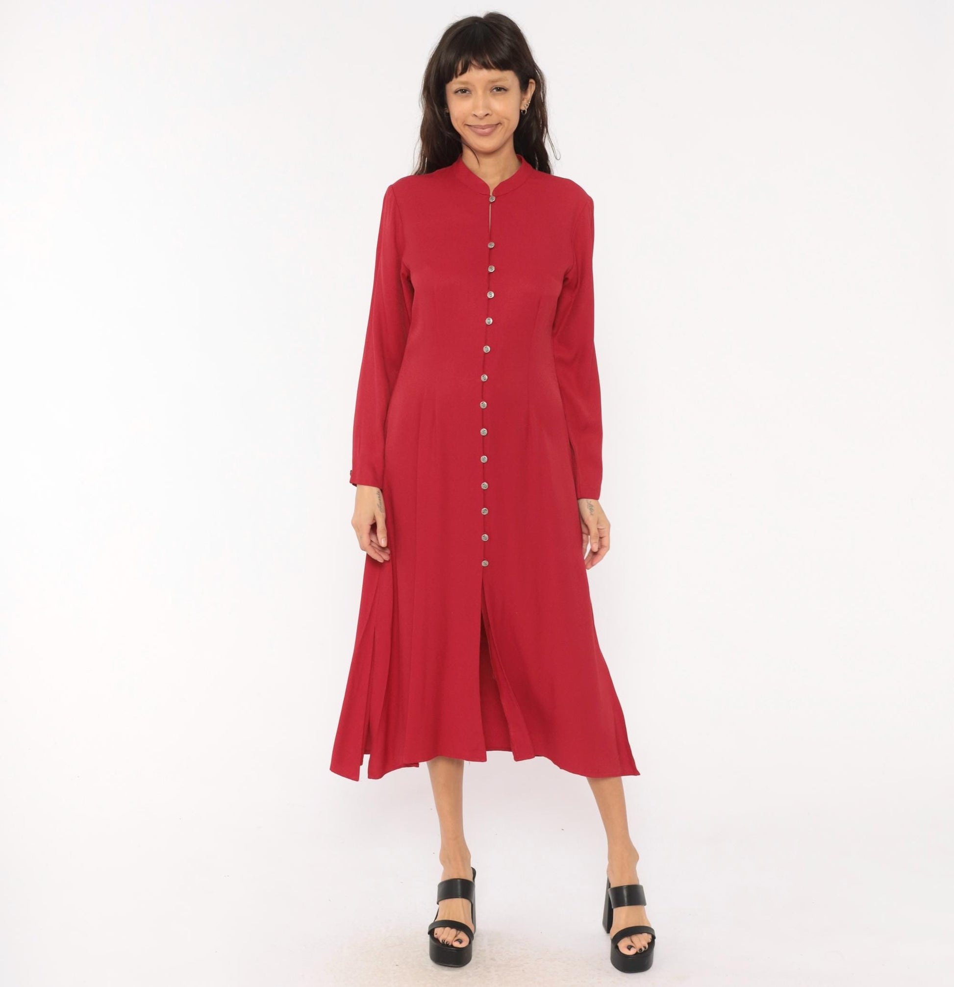 90s Coldwater Creek Cranberry Midi Dress Mandarin Collar Button Front Medium
