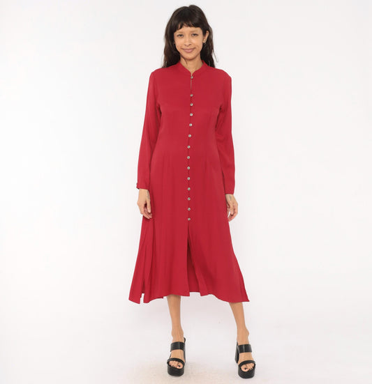 90s Coldwater Creek Cranberry Midi Dress Mandarin Collar Button Front Medium