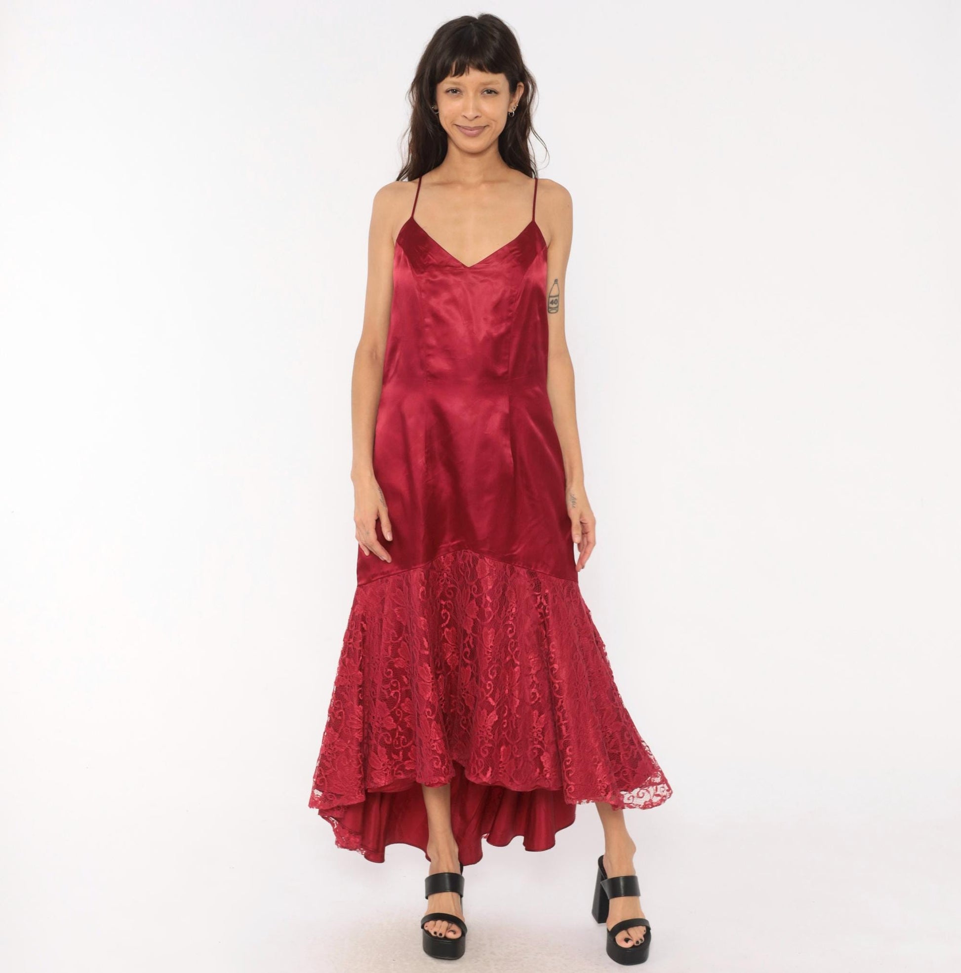 80s Burgundy Satin Slip Dress Mermaid Lace Hem V Neck Low Back Large L