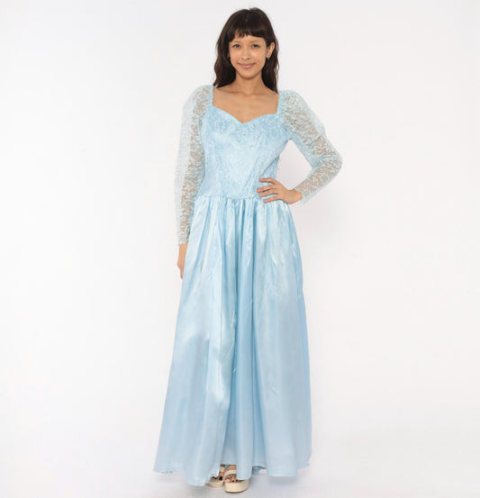 80s Sky Blue Lace Maxi Gown Sweetheart Neckline Drop Waist Bow Back Large L