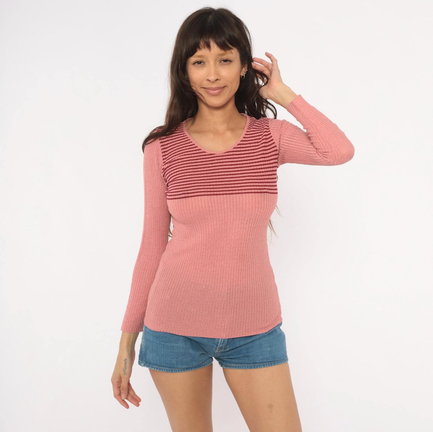 70s Marbella Knits Rose Pink Striped Ribbed Pullover Sweater Small