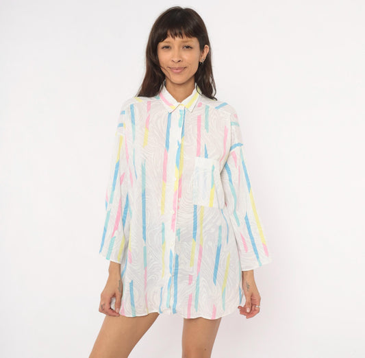 90s Ardmore Abstract Brushstroke Button Blouse Pink Blue Yellow Large L
