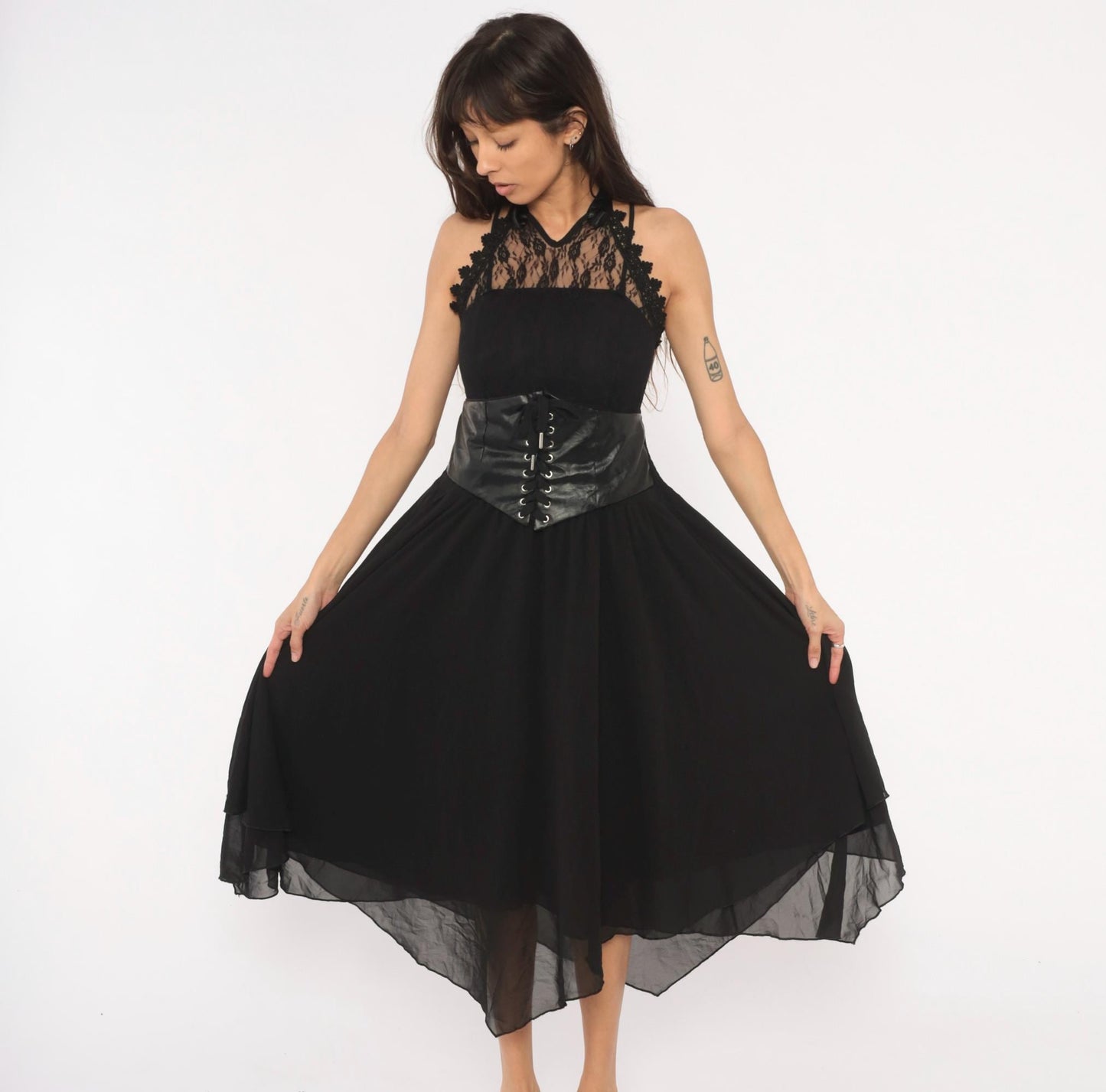 2000s Black Lace Corset Halter Midi Dress Chiffon Handkerchief Hem Plus Size XXL