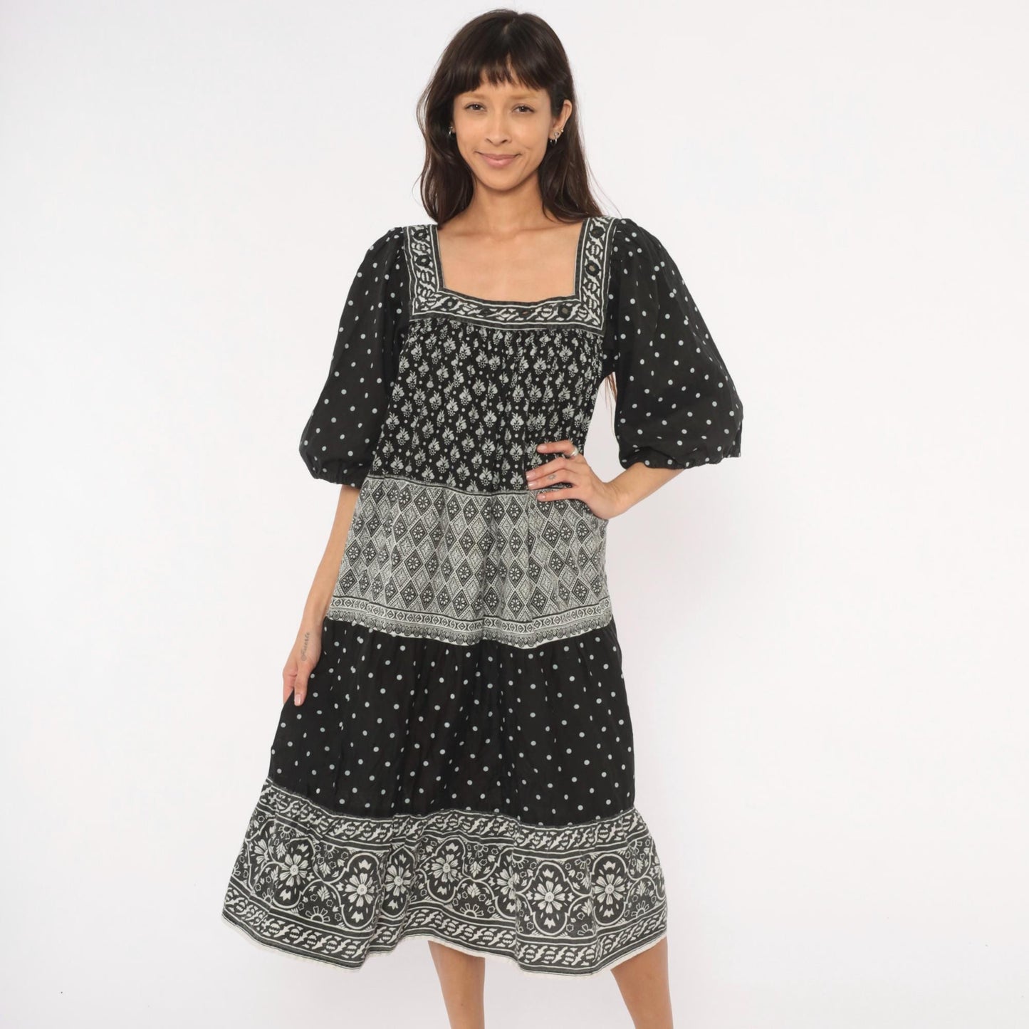 90s Ramona Rull Black Floral Midi Dress Square Neck Puff Sleeve Cotton Extra Large