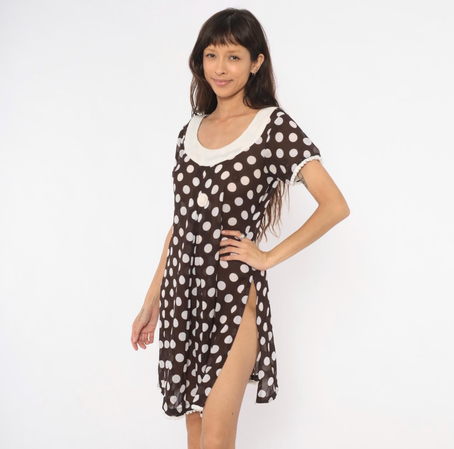 Y2K Polka Dot Babydoll Dress Brown Cream Pom Pom Trim Shift Mini Medium M