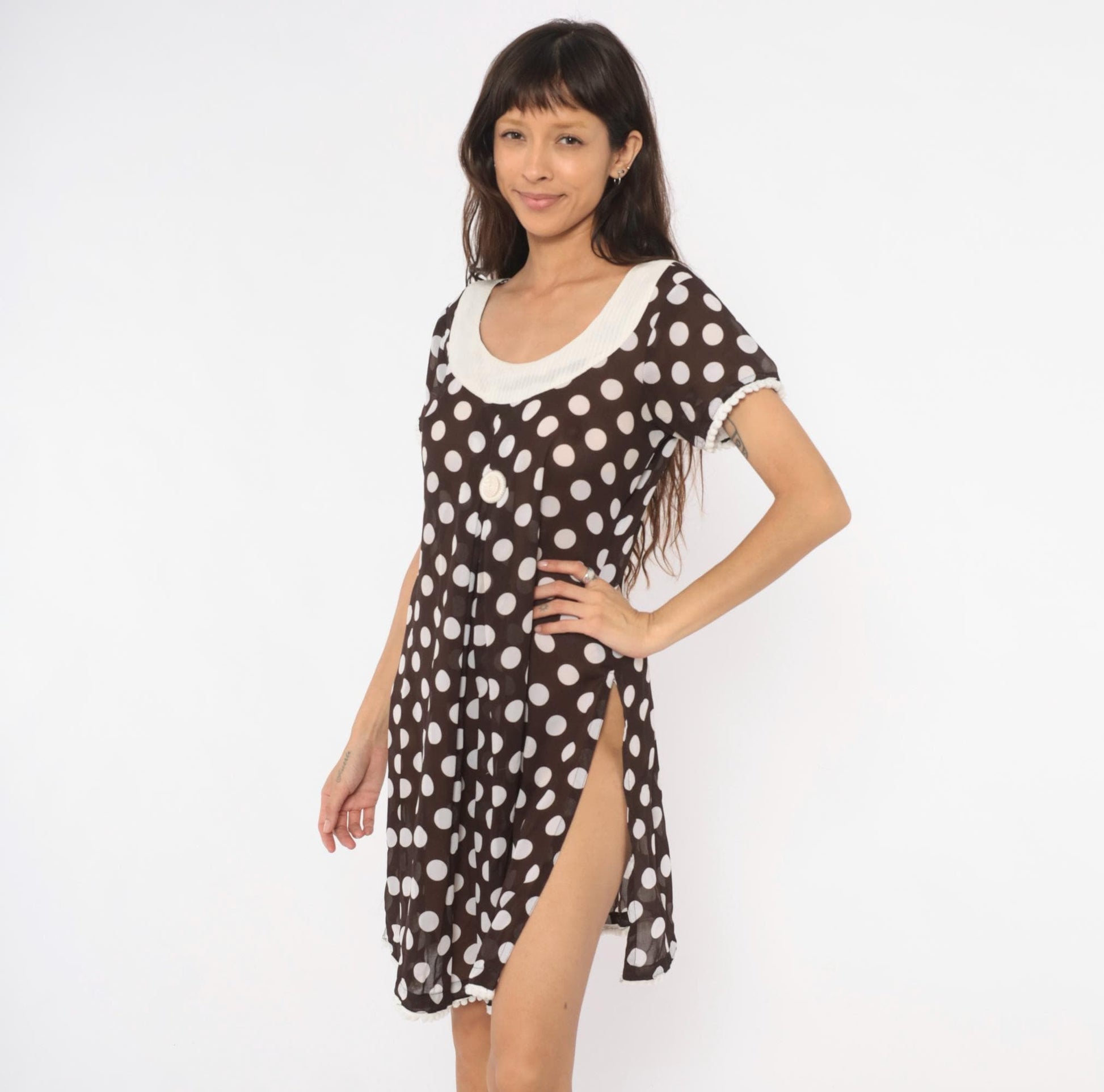 Y2K Polka Dot Babydoll Dress Brown Cream Pom Pom Trim Shift Mini Medium M