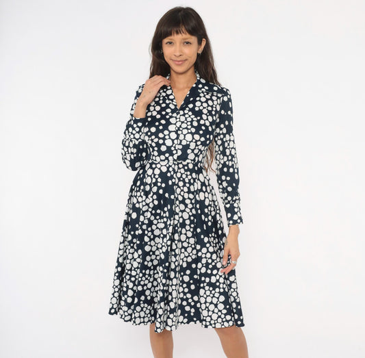 70s Gail Gray Navy Polka Dot Wrap Dress V Neck Button Front Knee Length Extra Small XS