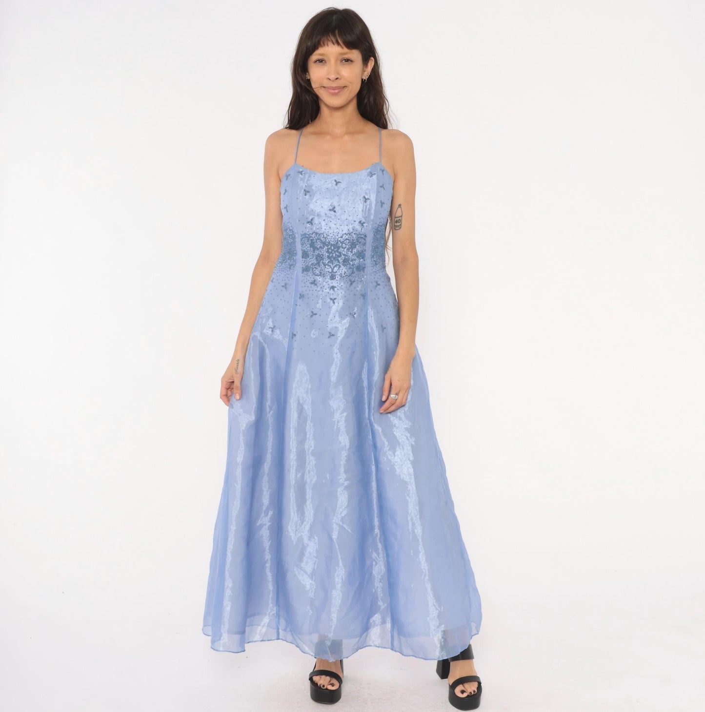 90s Kiki USA Periwinkle Beaded Gown Butterfly Embellished Strapless Organza Medium M